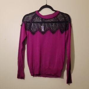 Magenta Sweater with Black Lace Detail, Size Small